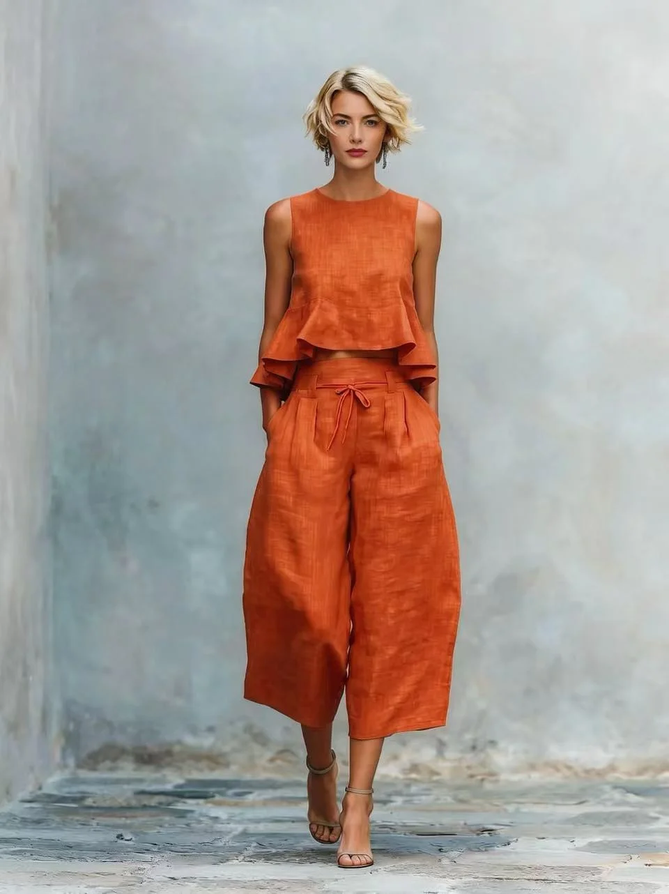 Damen Casual Urlaubs-Zweiteiler: Ärmelloses Rüschen-Crop-Top und Weite Hose mit Kordelzug, Koordiniertes Set – Detail 4