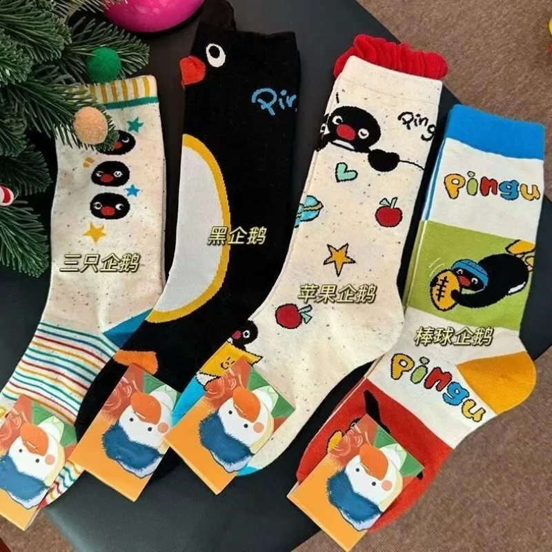 

Носки с изображением пингвинов Pingu для мужчин и женщин, оригинальные, с ярким животным принтом, средней длины, модные, нишевые, трендовые, хлопковые носки с мультяшным рисунком