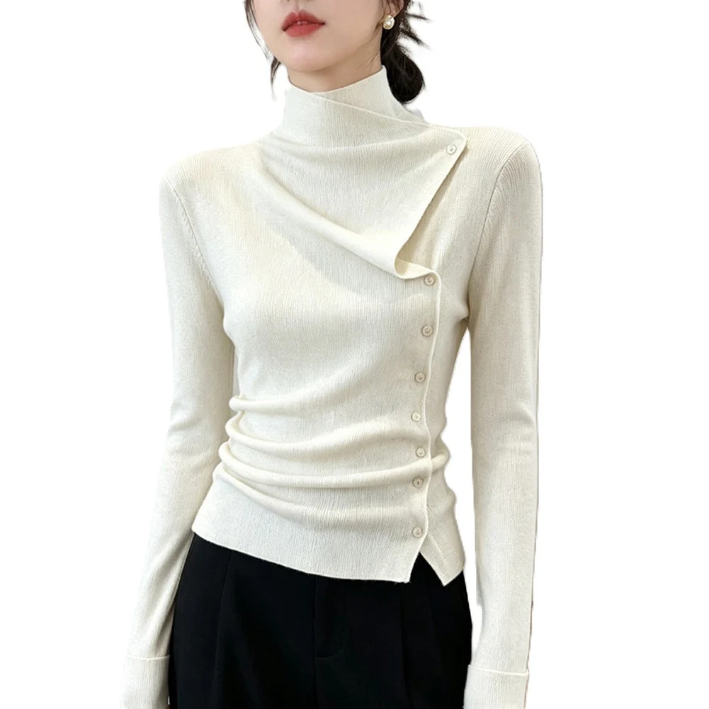 Women For Slim for Fit Solid Color High Neck Knit Long Sleeve For Top for Leisure Office Vacation Beach and Cycling Activities