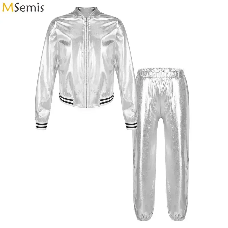 

Kids Girls Shiny Metallic Jacket Bomber Coat Outerwear with Pants Suit for Hip Hop Jazz Dance Stage Performance Streetwear