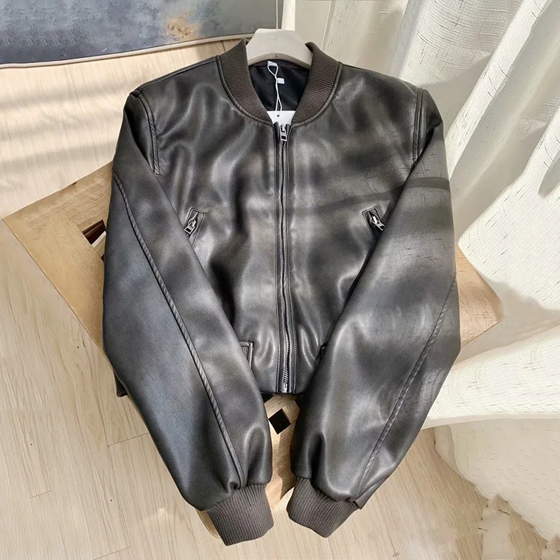 Women's Bomber Jacket Women Autumn Vintage Leather Coat Fashion Long Sleeve Zippers Pu Overcoat Female Casual Tops Clothing