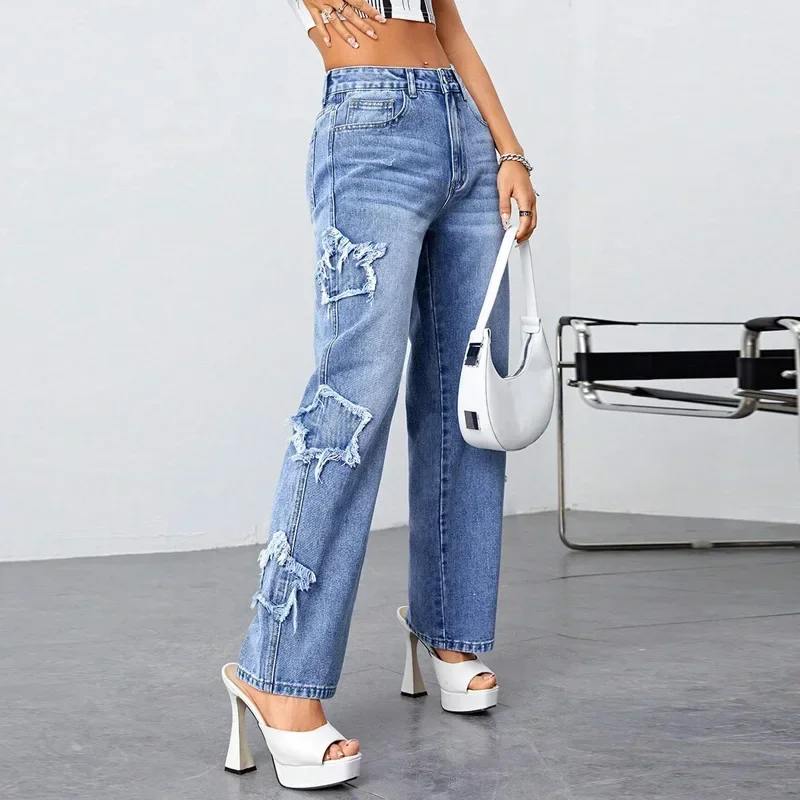 Jeans Women Straight Pants High Waist Washed Distressed Button  Vintage Pentagon Patch Trousers Pockets Streetwear Denims