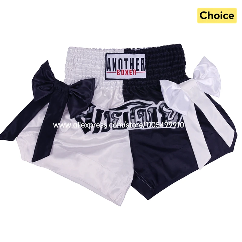 Thai-Boxshorts Schwarz Weiß Kampf-Kickboxshorts für Männer Frauen Kinder Muay Thai Boxshorts mit Schleifenbändern Gym MMA Trainingshosen