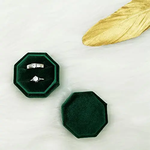 Caja de joyería octogonal de terciopelo verde esmeralda para exhibir anillos dobles en compromisos, propuestas, bodas o sesiones de fotos