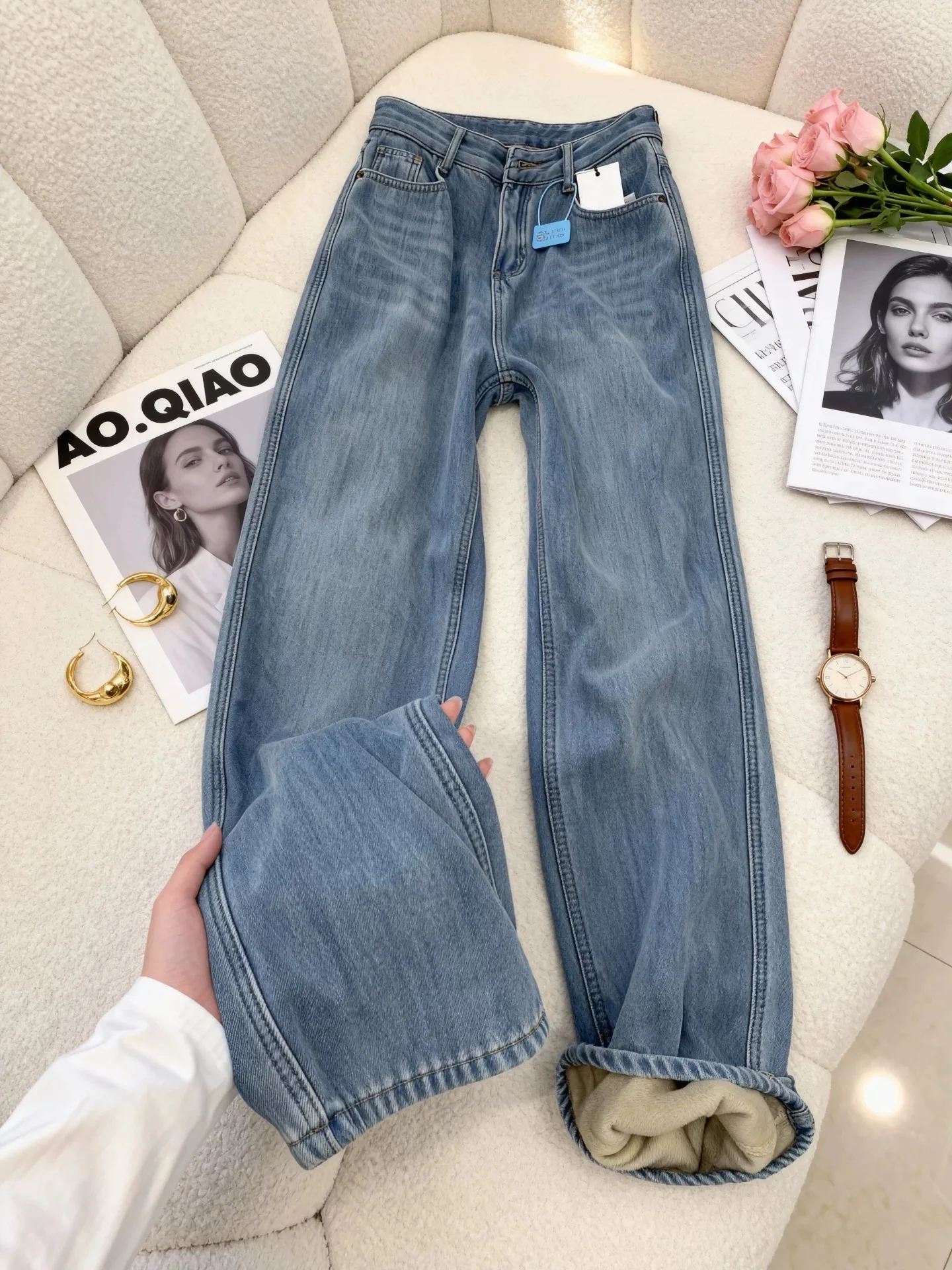 

Синие джинсы мужские повседневные с начесом, средней посадки, свободные прямые брюки из денима для осени и зимы