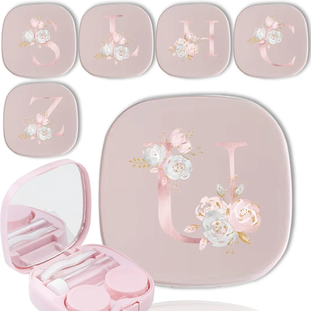 

Trendy Meitong Box With Makeup Mirror Travel Contact Lens Case Pocket Organizer Pink Flower Letter Pattern Outdoor Storage Kit