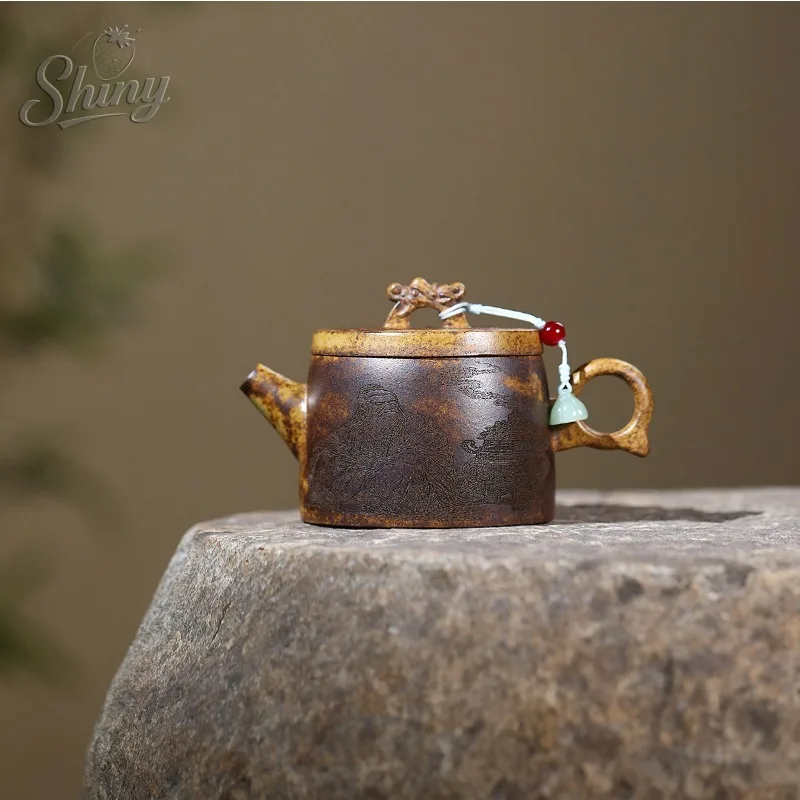 Yixing Purple Clay Teapot Handcrafted From Raw Mineral Dragon Bone Gold Sand Wood-Fired Han-Style Tile Household Tea Brewing Pot