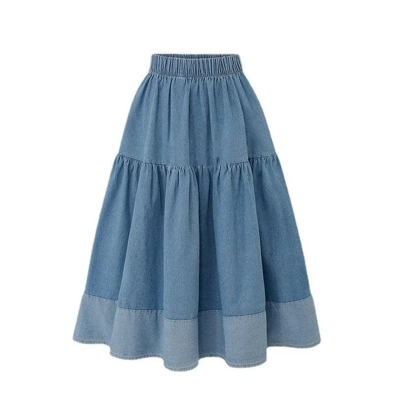 Blue Denim Skirt Womens High Waist Tiered Long Skirts Denim Elastic Casual Dress Elastic Waist A Line Jeans Skirt Girls Clothes