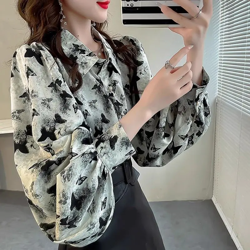 Summer Streetwear Polo-neck Printed Buttons Top Women Long Sleeve Loose Casual Harajuku Y2K Shirt Lady Elegant All-match Blouse