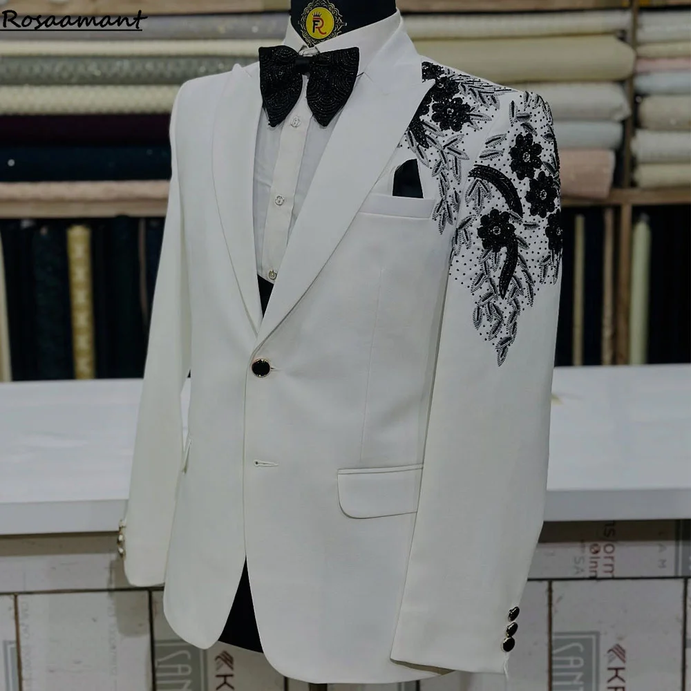 Luxury 2 Pieces Set Men's Suits Beaded Crystals Notched Lapel Groom Wedding Formal Party Prom Tuxedo Wedding Groom