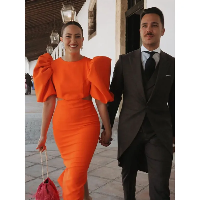 Robe de Soirée Plissée Orange à Demi-Manches et Col Rond, Tenue de Bal, Longueur Thé