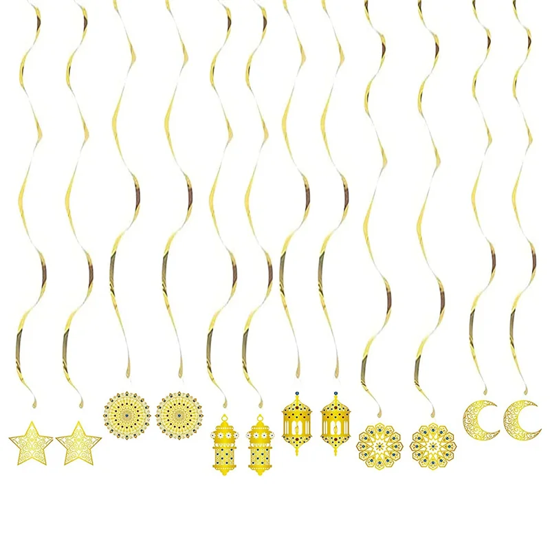 Ramadan Eid Mubarak Decoration Eid Al-Adha Decoration Gold Hanging Swirls Decorations Moon,Stars and Eid Lantern Garland