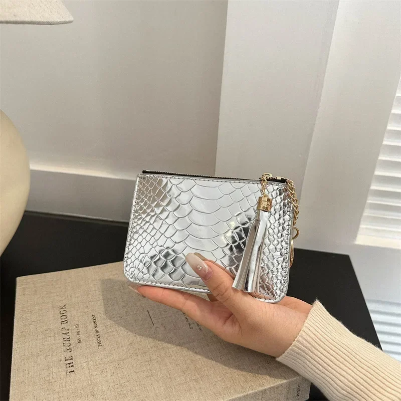 Mini porte-monnaie brillant imprimé crocodile pour femme, portefeuille en PU polyvalent, porte-cartes portable, sac d'identité, poudres à clés, mignon, nouvelle mode