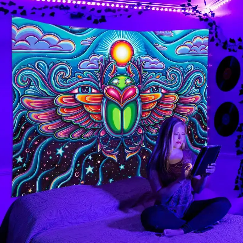 VIKAMA Fluorescent Mind Bending Cranium Beetle Eye Motif UV Glow Tapestry Surreal Wall Mural Room Decor Soft Durable Cozy Gift
