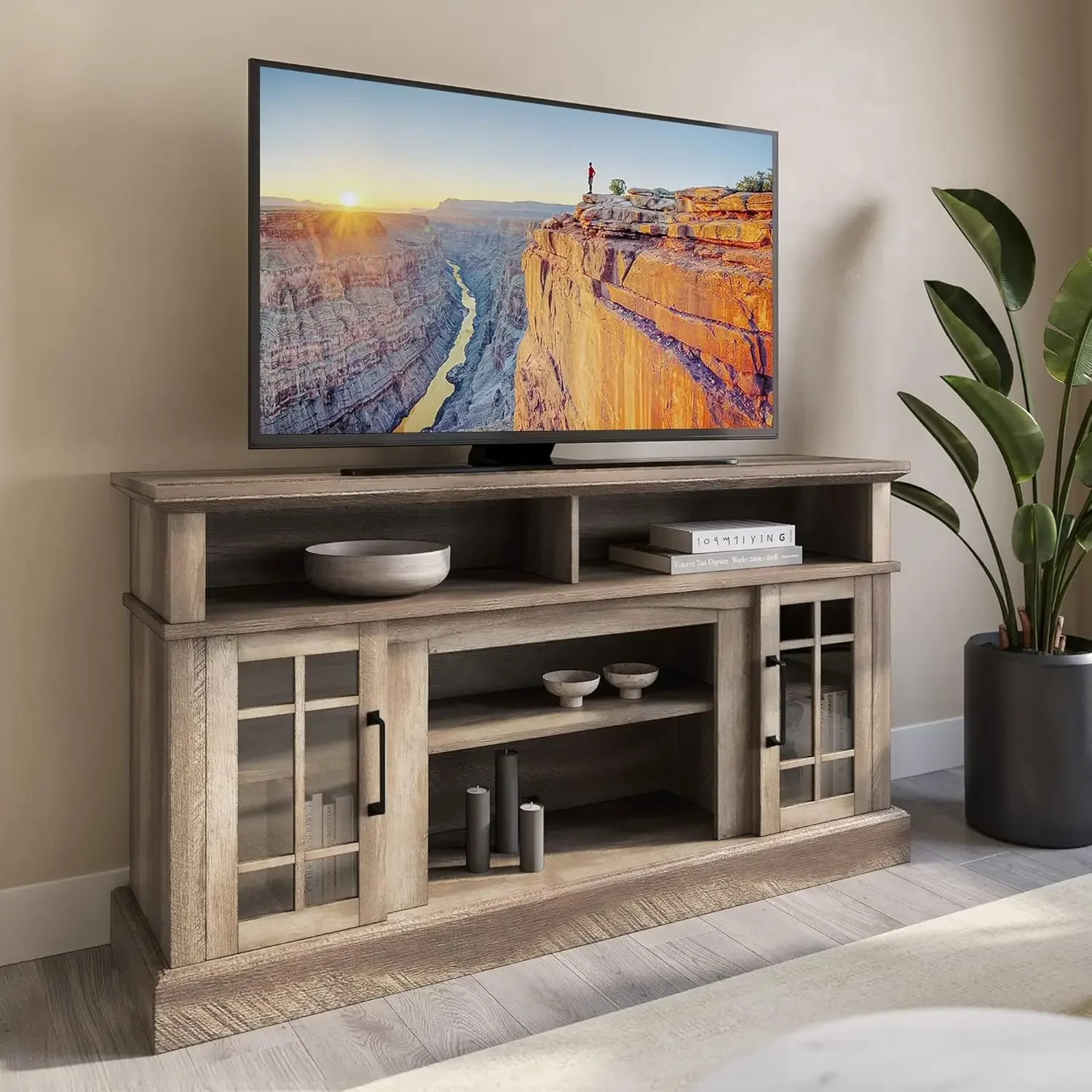 

BELLEZE Traditional 58 Inch Rustic Wood TV Stand & Media Entertainment Center Console Table for TVs up to 65 Inches