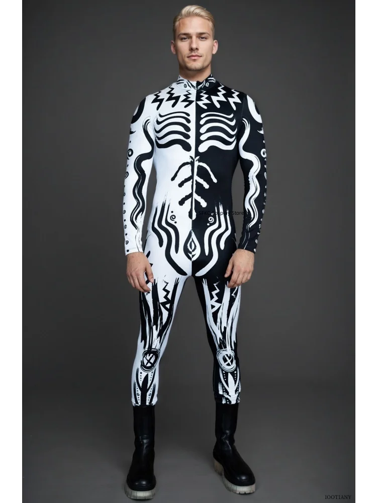 

Couple 3d Printed Sexy Black And White Tribal Wizard Eye Bodysuit Halloween Carnival Party Cosplay Dance Performance Costume Set