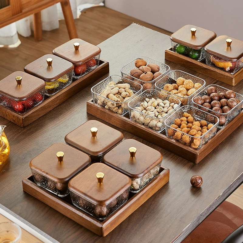 

Стеклянная ваза для фруктов из орехового дерева с крышкой, контейнер для конфет и орехов в скандинавском стиле, элегантный поднос для десерта для гостиной, домашний декор стола