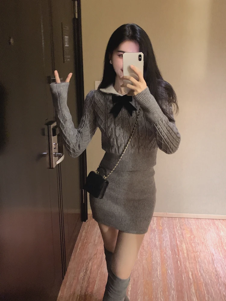 Autumn Kawaii Knitted Two Piece Set Women Casual Bow Sweet Mini Skirt Suit Female Korean Fashion Warm Elegant Sweater Set 2022