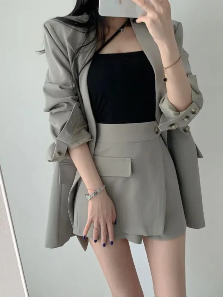 Women Vintage Solid Chic Blazer Skirts Suit Summer Casual Elegant Business Coat Mini Saya Outfits Female Formal Two Pieces Set