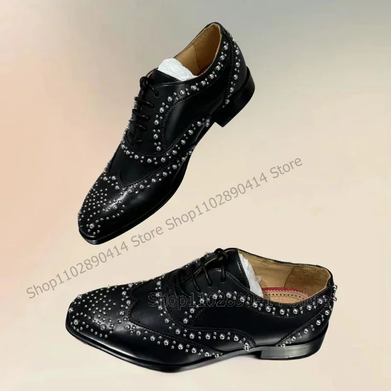 Silver Rivets Decor Black Strappy Square Toe Loafers Fashion Lace Up Men Shoes Luxurious Handmade Party Office Men Dress Shoes - view 3