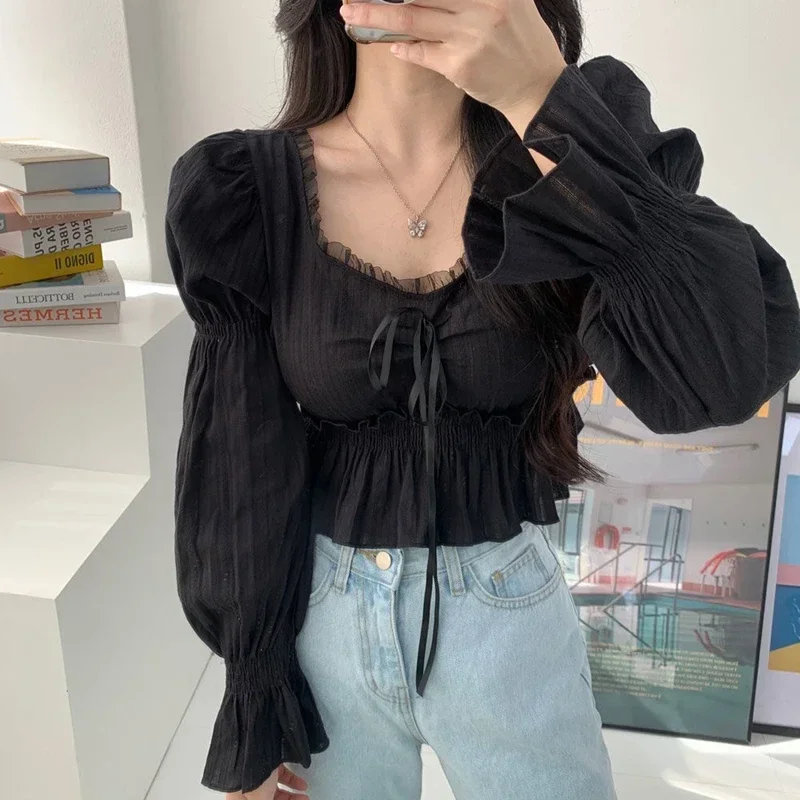 Vintage Long Sleeve Crop Ladies Tops 2025 Korean Fashion Clothing Casual Blouses Sexy Ruffles Lace White Black Chiffon Shirts