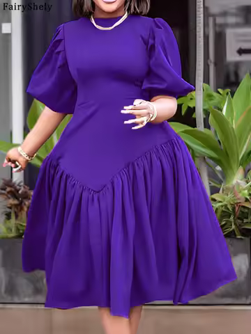 FairyShely 2026 Summer Solid Plus Size Club Dress Women Puff Short Sleeve Large Big Dresses Lady Evening Party Tight Curvy Dress