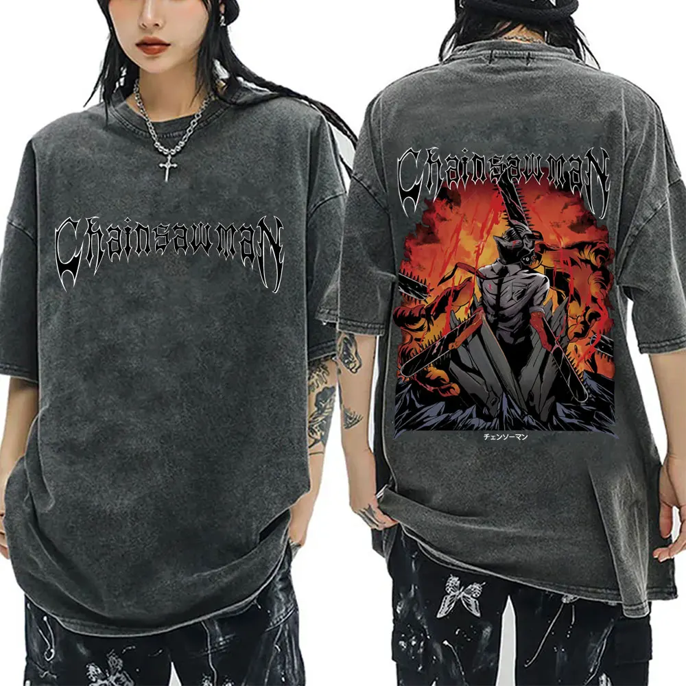 

Washed Vintage Anime Chainsaw Man Pochita and Denji Fusion Graphic T-shirts Men Women Clothing Manga Fashion Oversized T Shirts