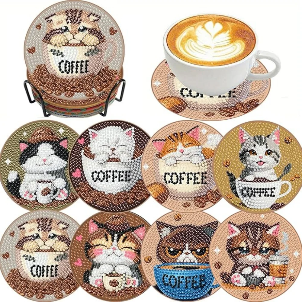 8-Piece Diamond Painting Coffee Cup Mat Set with Cat Design (Includes Stand) - DIY Diamond Art Kit for Home Decor, Beginner-Frie