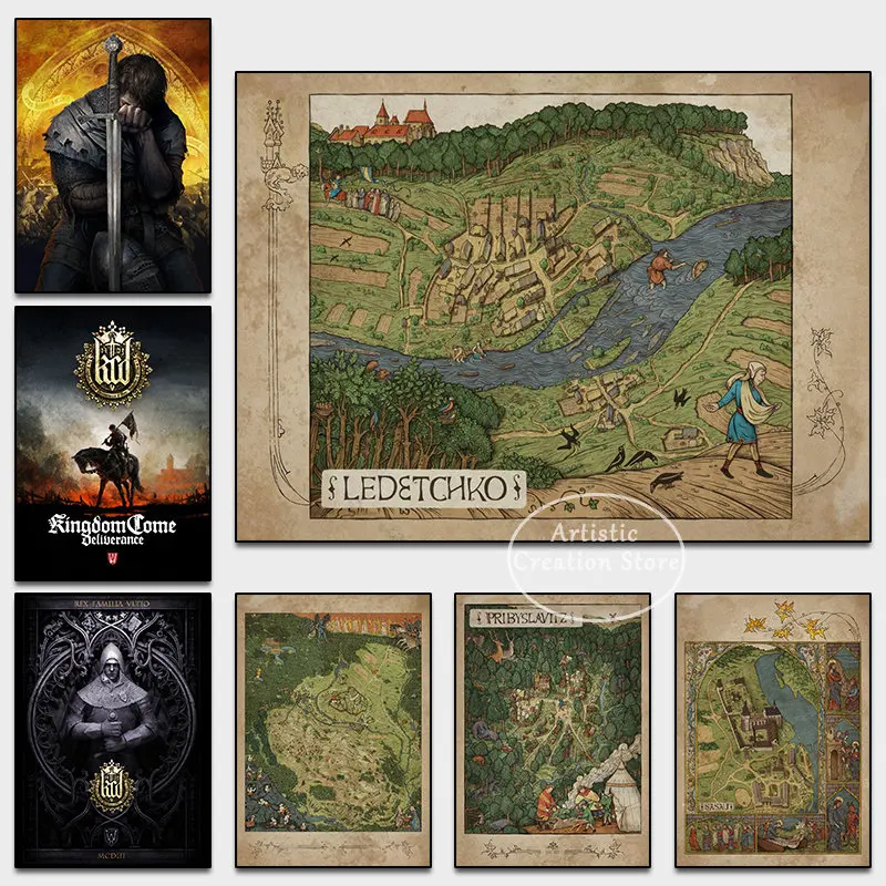 Popular Game Kingdom Come Deliverance Retro Art Game Map Posters Print Canvas Wall Art Pictures for Bar Game Room Decor Gifts