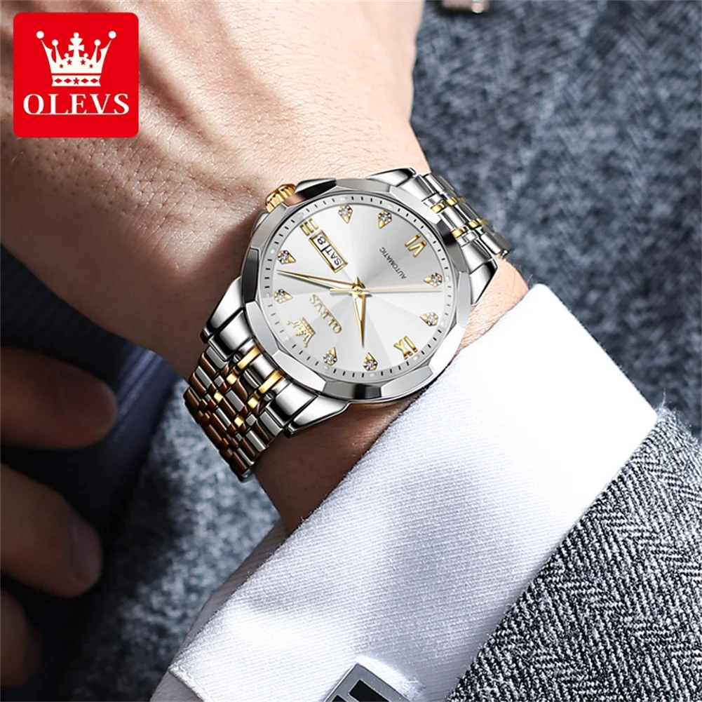 OLEVS-Reloj de pulsera mecánico automático para hombre, cronógrafo de lujo, a la moda, de acero inoxidable, resistente al agua, luminoso