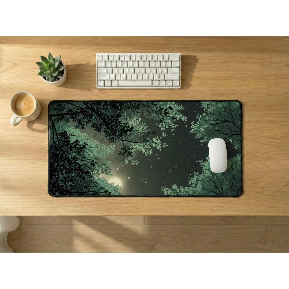 Midnight Moon Forest Desk Mat: Nighttime Woods Mouse Pad, Celestial Office Decor, mousepad profissional alfombrillas gaming