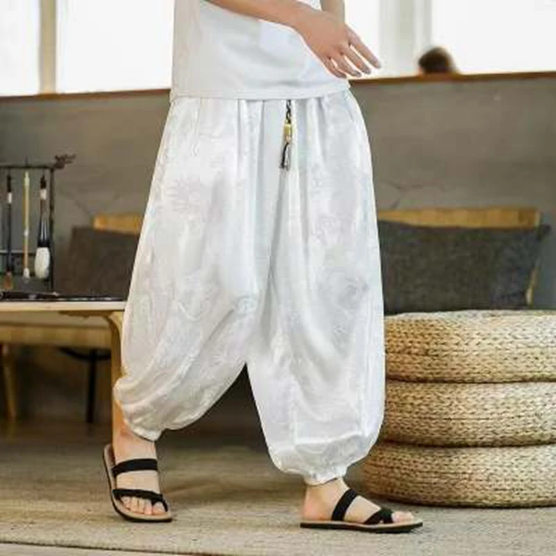 Men's Pants Dragon Pattern Chinese Loose Trousers Smooth Satin Pants Taiji Comfortable Beach Pants Men's Loose Casual Pants