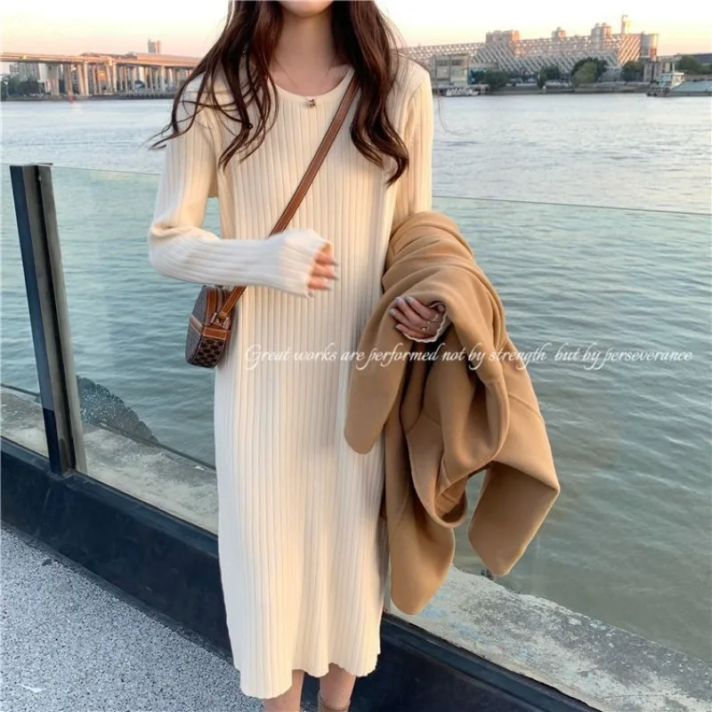 

Dress Female Autumn and Winter Flesh Covering Knitted Long Sleeve Dress Women Loose Medium Length Over Knee Sweater Bottom Dress