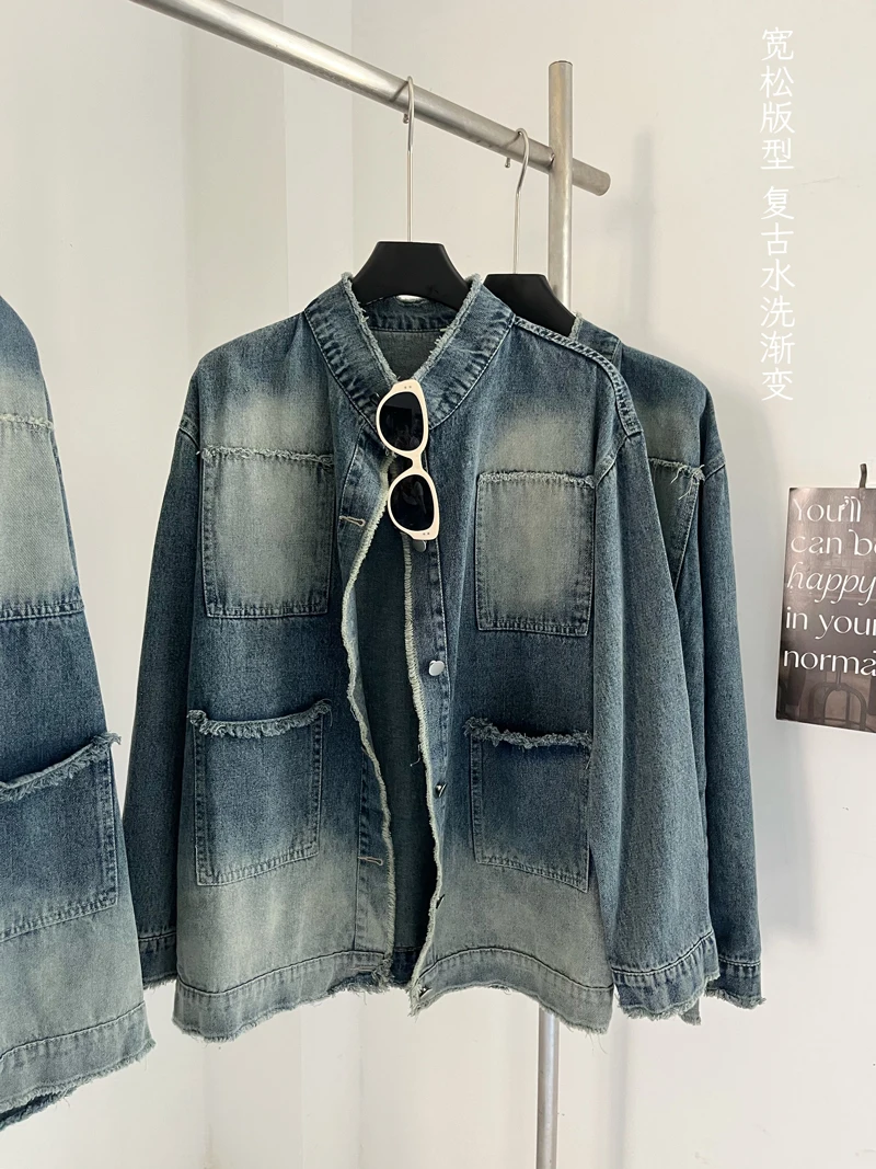 Jaket Denim Vintage wanita, jaket Denim gaya jalanan warna gradien, mantel desain