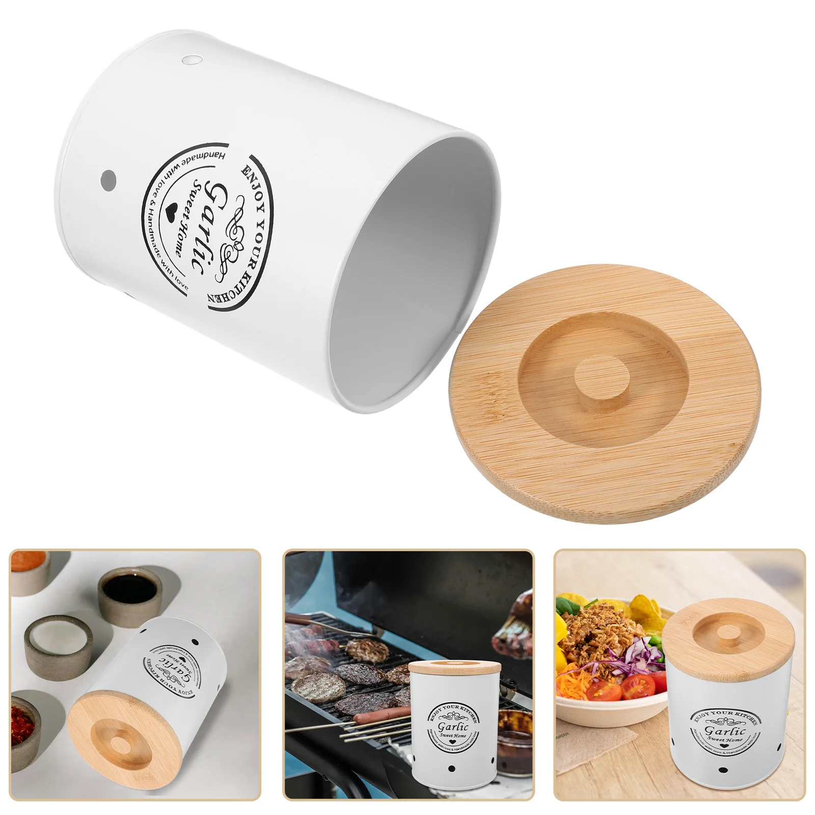 

Garlic Storage Bucket Stylish Garlic Keeper Container Bamboo Lid Practical Kitchen Organizer Onion Potato Ginger Container