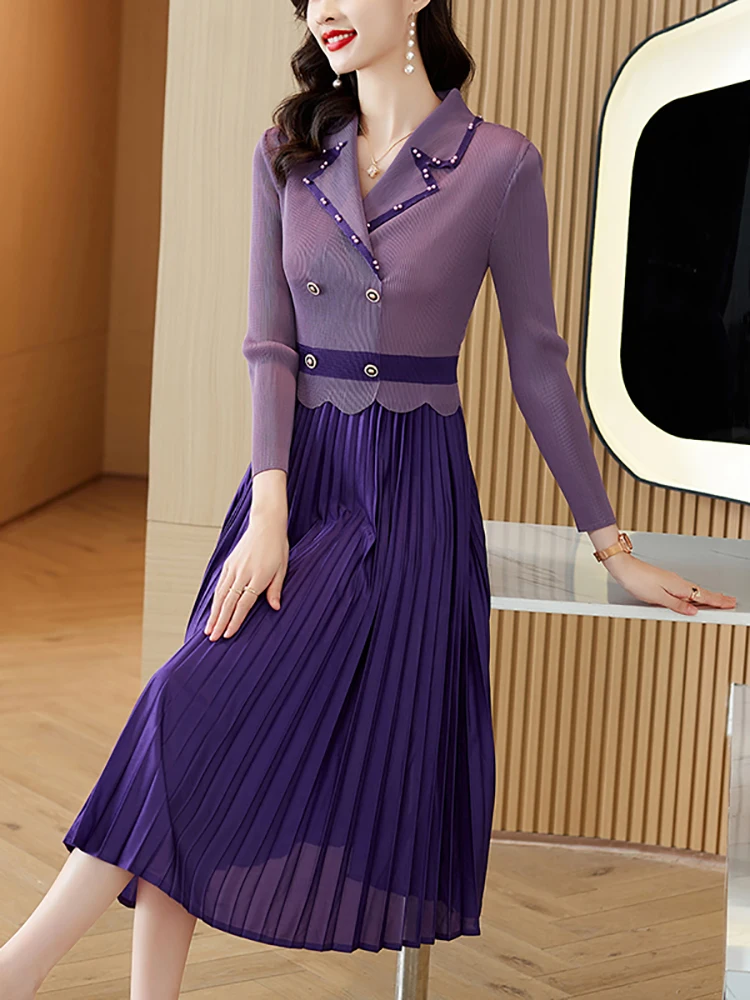 Women Fashion Purple Patchwork Chic Midi Pleated Dress Autumn Winter Elegant Office Lady Dress 2024 Korean Vintage Bodycon Dress