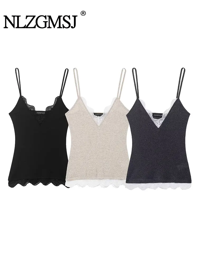 

NLZGMSJ Women Camis 2025 Autumn Winter V Neck Sleeveless Slim Lace Splicing Knitted Crop Top Y2K
