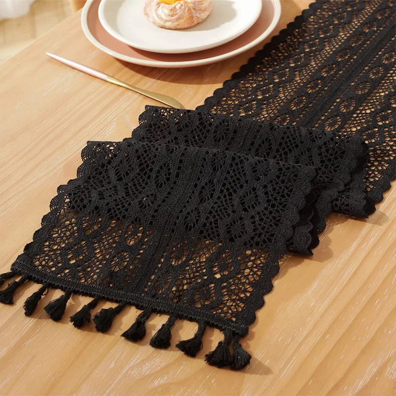 Table Runner Christmas Crochet Lace Cotton Blended Fabric with Tassel For Coffee Table Decor Wedding Decoration