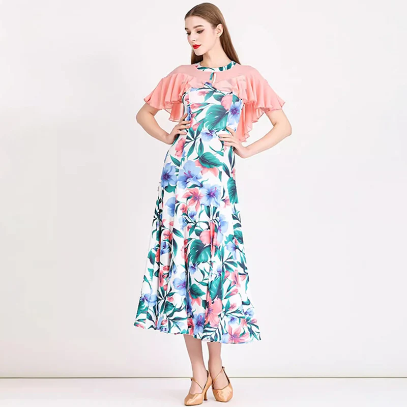 Practice Dance Dress dark green Dress pink Waltz Crewneck Short Sleeve Printed Flamenco Stage Costume
