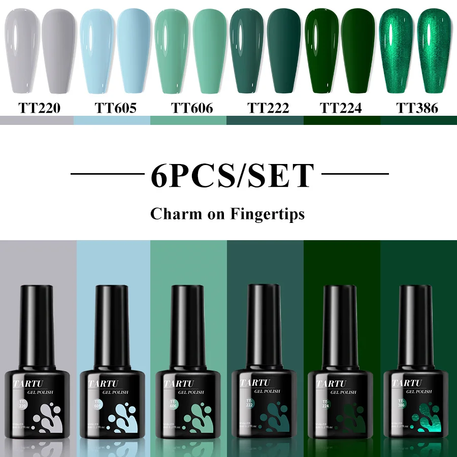 مجموعة طلاء أظافر جل مكونة من 6 قطع، أخضر وأحمر وبني لامع عاري 6 ألوان طقم طلاء جل شبه دائم، نقع بالأشعة فوق البنفسجية/Led، مانيكير فن الأظافر