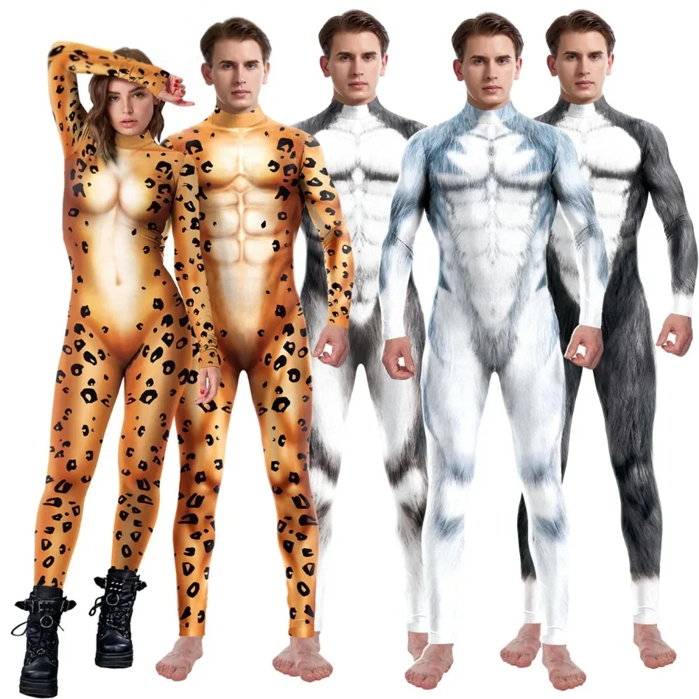 Macacão Husky Lobo Leopardo para homens, Traje Cosplay Animal, Terno Zentai, Desgaste Engraçado Disfarce, Roupas de Festa de Halloween