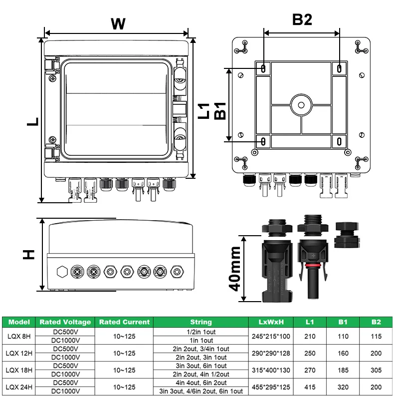 Immagine 7: CNLonQcom PV Combiner Box 500V 4 in 4 out 4 corde Array fotovoltaico solare per sistema di energia solare off grid Interruttore automatico CC