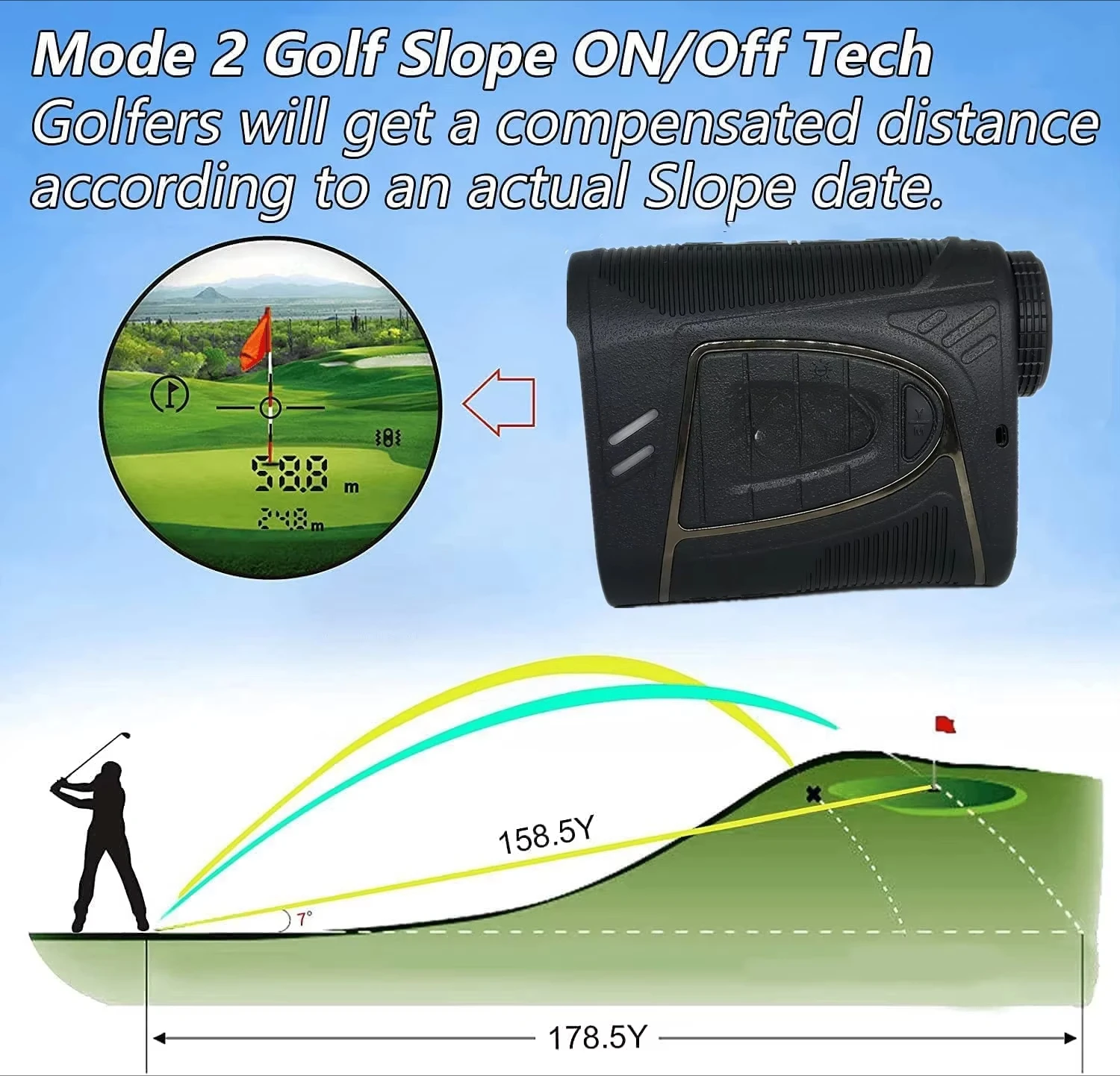 1200 meter golfafstandsmeter rood OLED-display met hellings-aan/uit Flag-Lock Tech voor golftournament Legal