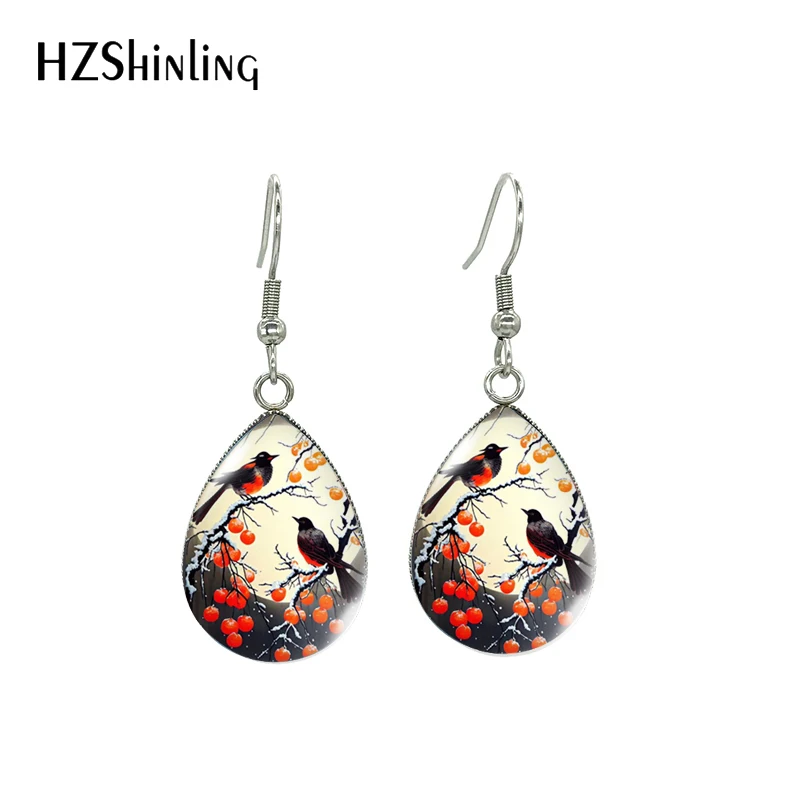 2023 New Arrival Fashion Painting Magpie Sparrow Bird Flower Winter Landscape Handcraft Glass Cabochon Tear Drop Dangle Earrings