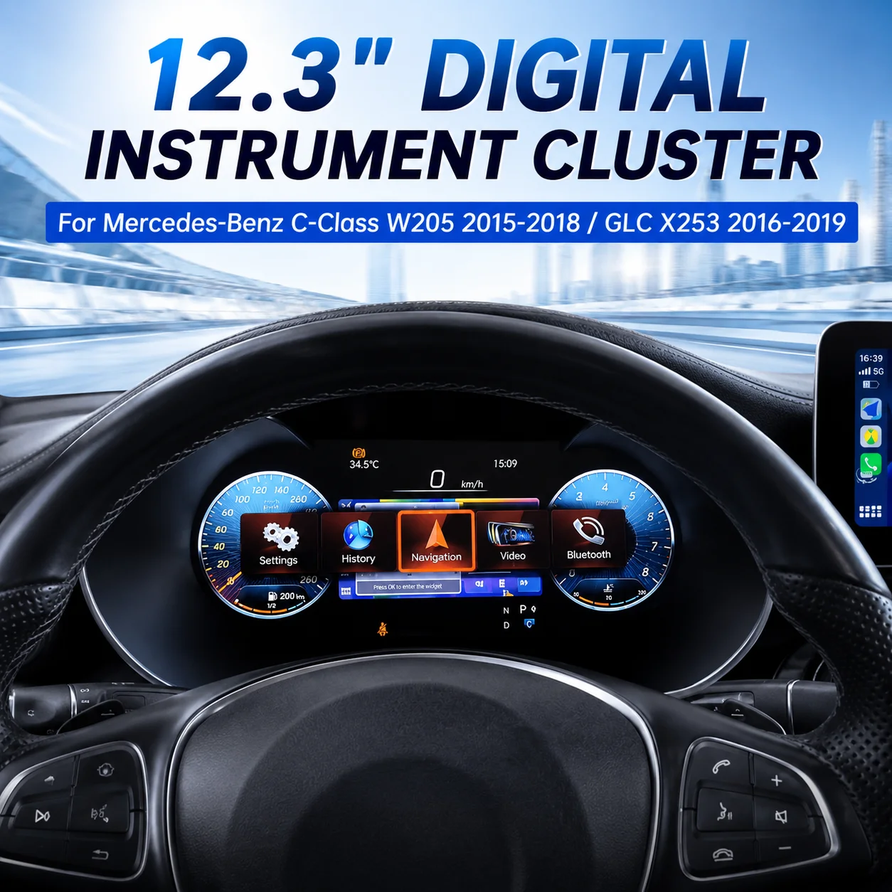 12.3" Digital Instrument Cluster For Mercedes Benz C Class W205 2015-2018 GLC X253 2016-2019 LCD Dashboard Speedometer Display