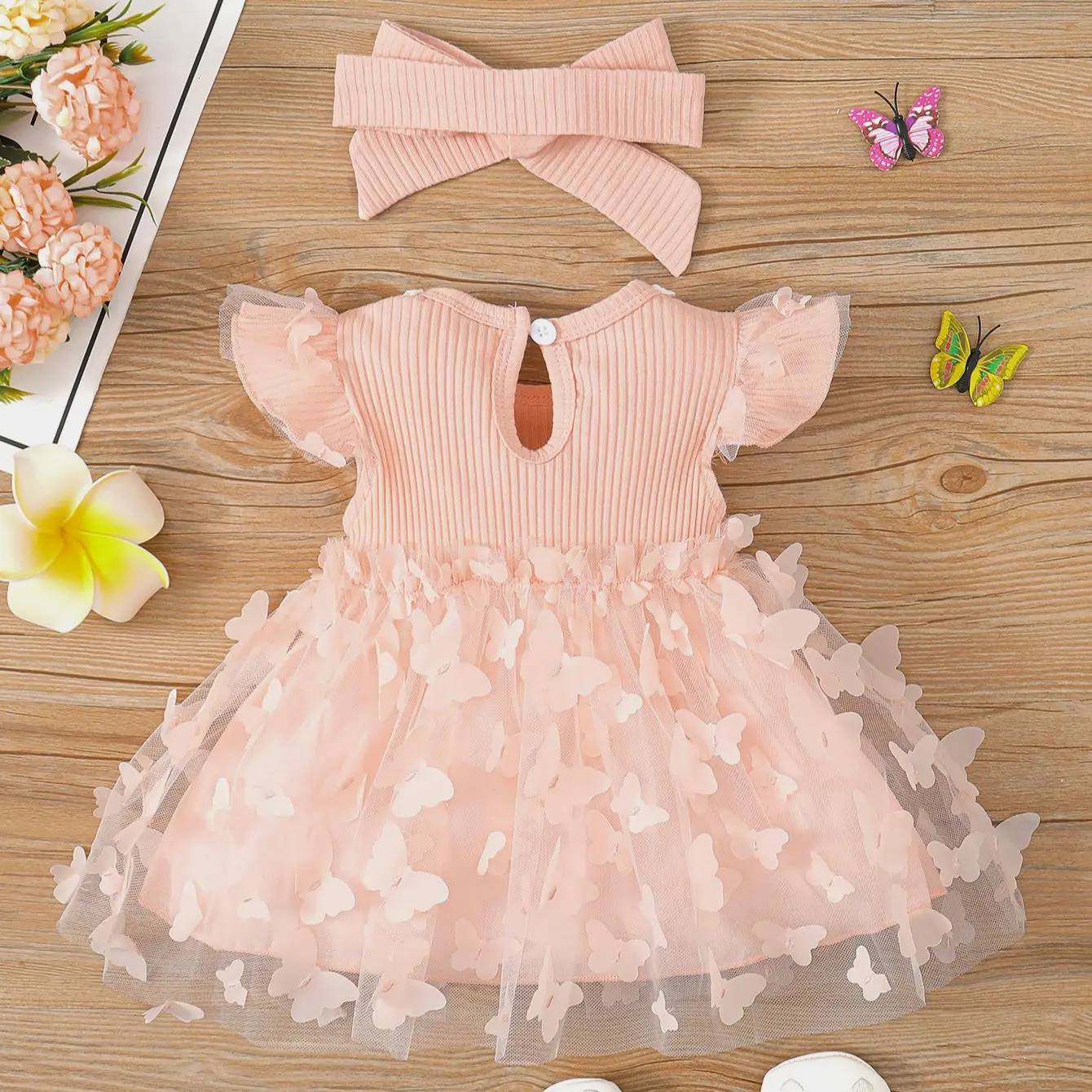 0-3-year-old newborn baby girl summer pink sleeveless lace round neck lace butterfly mesh lovely dress party