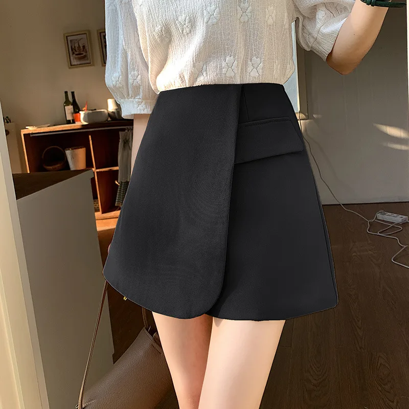 

Черная асимметричная облегающая юбка-шорты, новая летняя короткая юбка-костюм в корейском стиле с завышенной талией, утягивающая юбка-брюки для миниатюрных женщин.