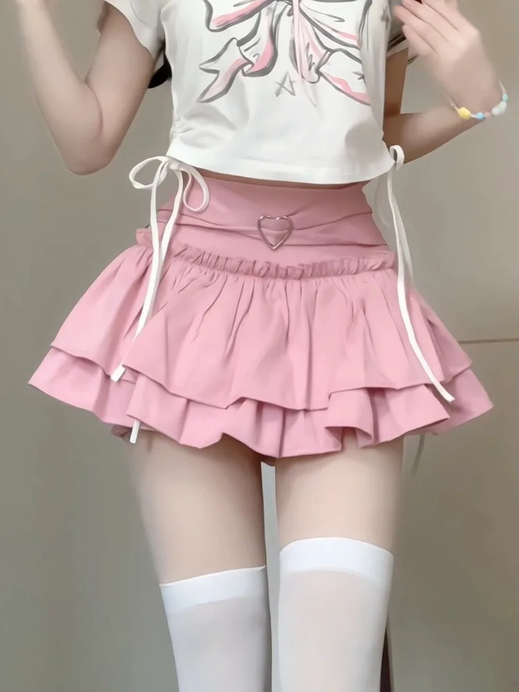 2023 sommer Mini Kuchen Rock Frauen Süße Hohe Taille Schlank Gefaltete A-linie Röcke Japanischen Y2k Solide Alle Spiel Kleidung Neue