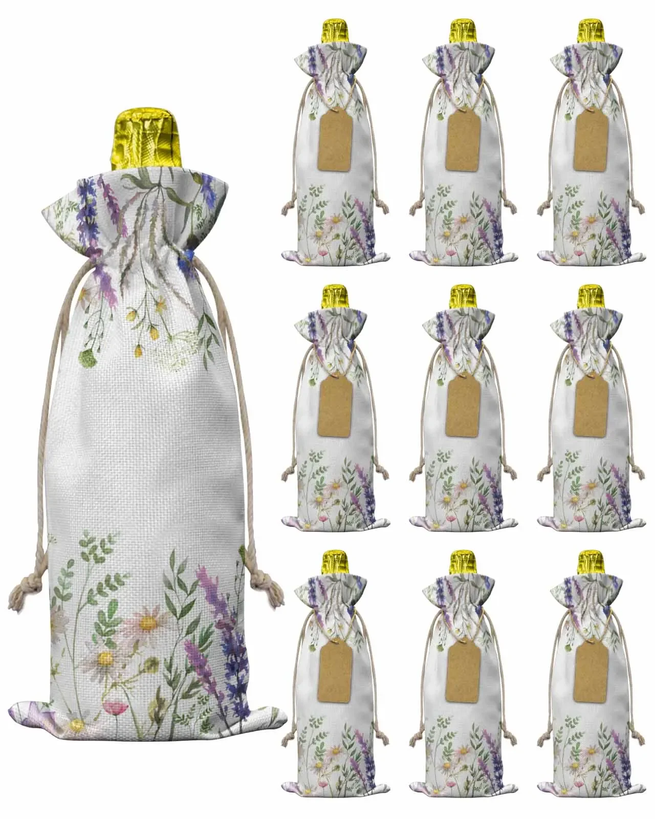 10pcs Plant Flowers LavenderWine Bottle Bag with Drawstring Festive Party Decor Wine Bottle Covers Gift