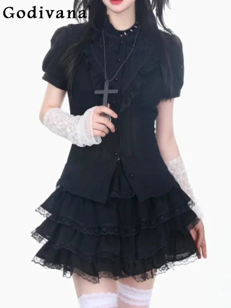 

New Personalized Girls Gothic Black Lace Short Sleeve Top Subculture Cos Versatile High Waist A-line Age-reducing Cake Skirts
